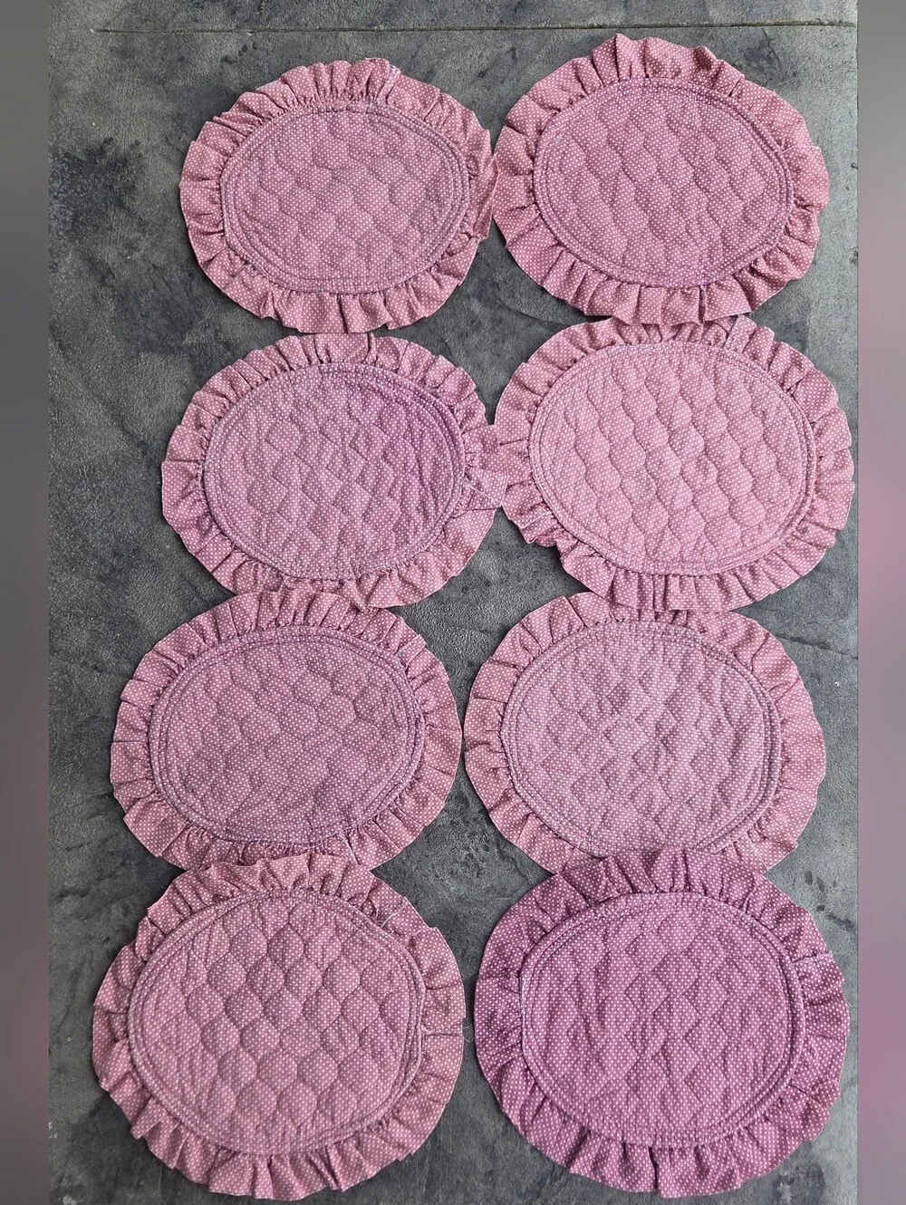 Vintage Dusty Rose Heart Quilted Oval Placemat Set with White Ruffle- Set Of 8